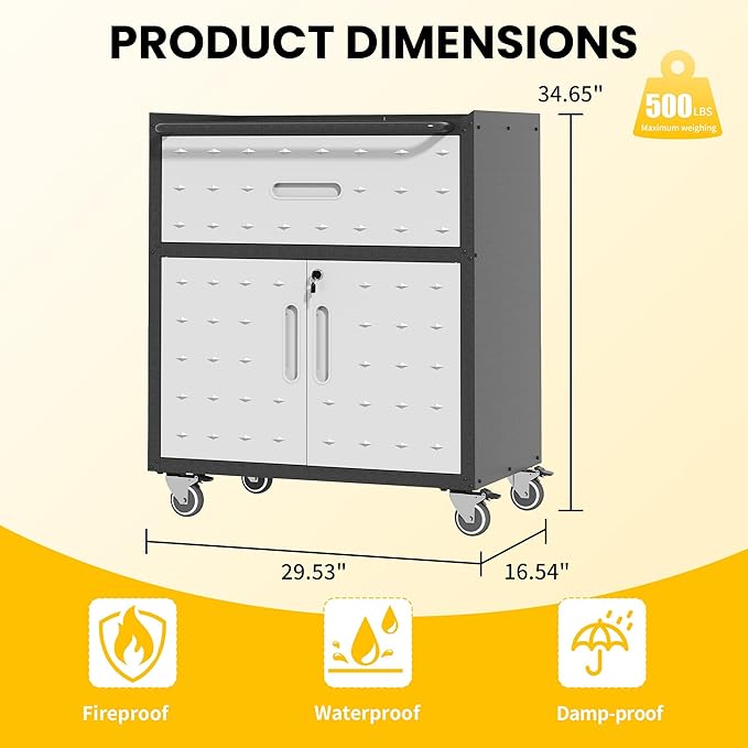 Garage Storage Cabinets with Wheels, Locking Metal Storage Cabinets with 2 Doors and 1 Drawer, Easy Assembly Tool Cabinet for Garage, Basement,Warehouse