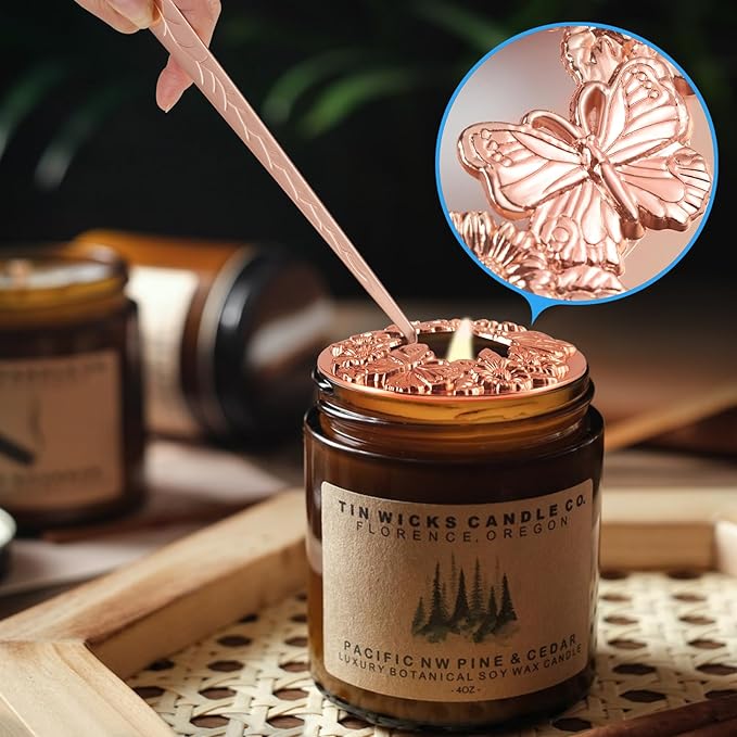 5 in 1 Candle Accessory Set Including Wick Trimmer、Candle Snuffer、Wick Dipper and Candle Toppers for Jar Candles to Burn Evenly for Candle Care Tools - Rose Gold