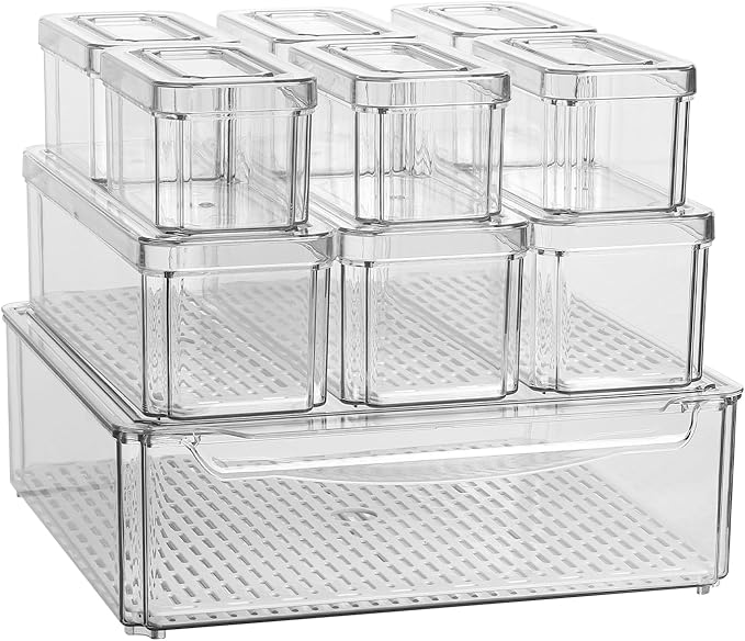 Plastic Fridge Organizer,Clear Storage Containers for Fridge Stackable Organizer Bins Square Food Storage Box Keep Fresh for Vegetable,Food,Fruits (10 PACK)