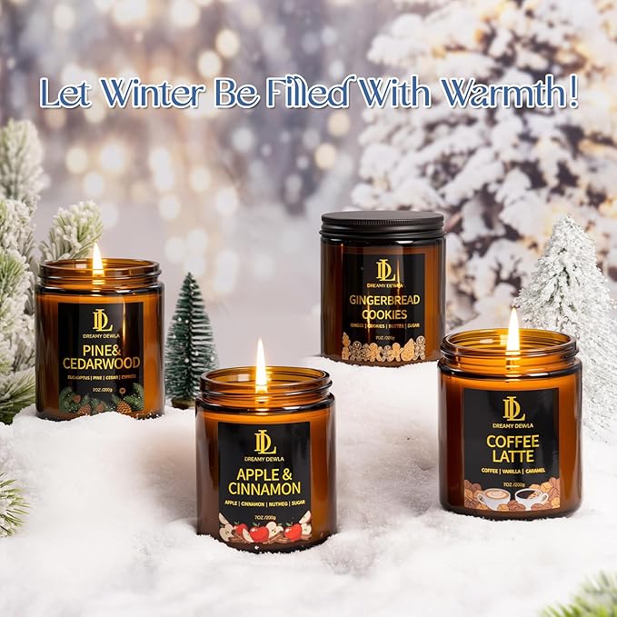 Winter Candle Set, Candles for Home Scented, 4 Pack Soy Candles Gifts for Women Men, Winter Scents of Gingerbread Cookies/Apple & Cinnamon/Coffee Latte/Pine & Cedarwood