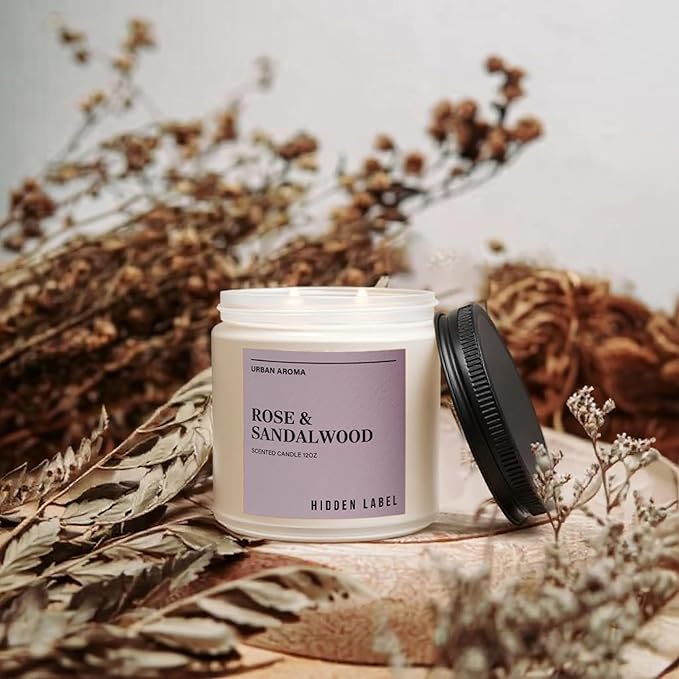 Hidden Label Rose Sandalwood Scented Candle, 12oz 2 Wick Natural Soy Non Toxic Candles, Clean Burning Long Lasting Aromatherapy for Home | Gifts | Décor,Premium Scents for Relaxation & Stress Relief