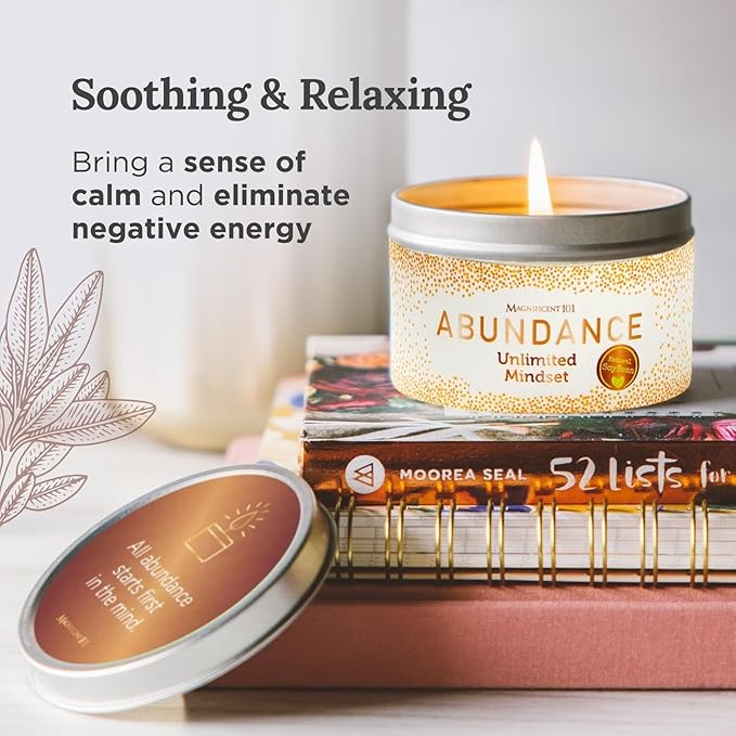 MAGNIFICENT 101 Abundance Manifestation Smudge Candle - 6 Oz Soy Wax - 35-Hour Burn - Infused with Lemon, Rosemary & Sandalwood - Money Candle for Energy Cleansing