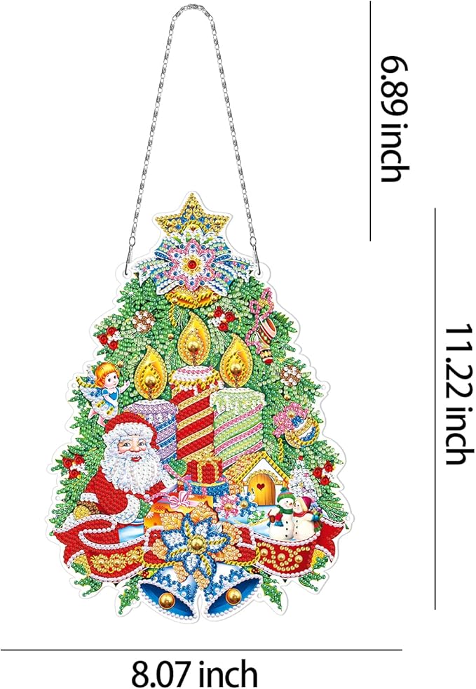Christmas Tree Diamond Art Hanging Signs with LED Light String DIY Santa Claus Diamond Dots Painting Wreaths Hanging Ornaments Special Shaped Crystal by Number Mosaic Kits Porch Home Wall Door Decor