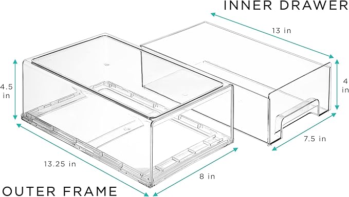 Sorbus Medium Clear Storage Drawers (4 Pack) – Stackable Organizer Drawers for Pantry, Kitchen, and Fridge – Pull-Out Acrylic Storage Bins with Handles