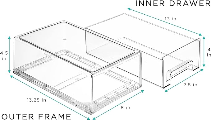 Sorbus Medium Clear Stackable Storage Drawers – 2-Pack Plastic Organizer Bins with Handles – Stackable Pull-Out Storage Drawers for Closet, Pantry, Office, Bathroom, Craft, and Toy Organization
