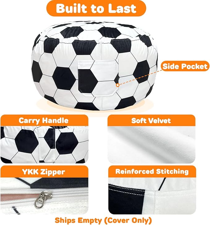 Lukeight Soccer Stuffed Animals Storage Bean Bag Chair Cover Only (Ships Empty, No Filling) - Velvet YKK Zipper Beanbag Cover for Big Kids Teens, Washable Plush Toy Organizer, XX-Large 36" D x 20" H