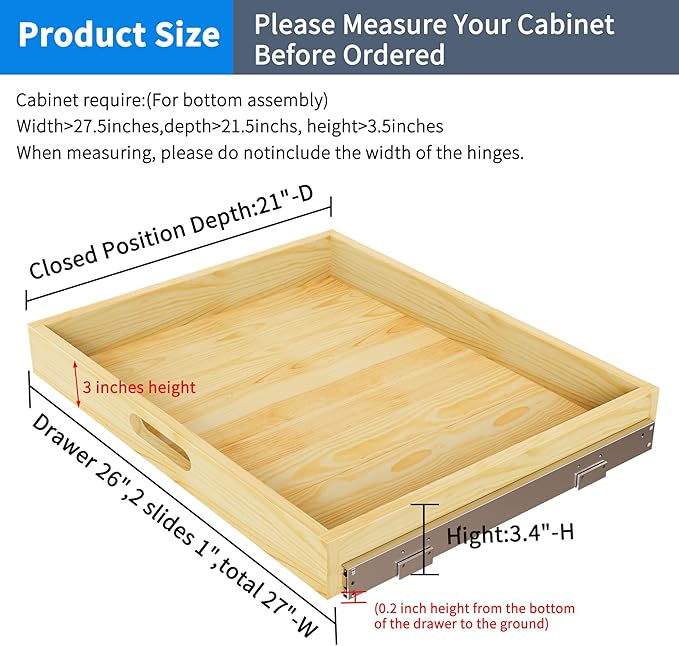 2 Set Pull Out Cabinet Organizer, Soft Close Slide Out Wood Drawer Storage Shelves for Kitchen, Base Cabinet Organization for Pantry, Finished, Heavy-Duty, Bottom Assembly (27” W x 21” D)