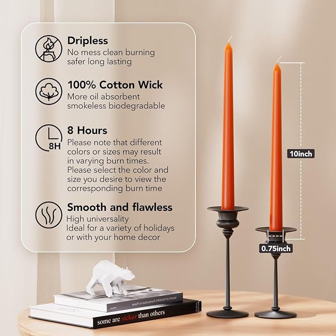 10-Inch Tall Dripless Taper Candles Set of 4 - Orange Tapered Candles, Perfect for Halloween,Fall - Smokeless, Unscented, Long Burning - Hand Poured, Colored Tall Candlesticks - Thanksgiving