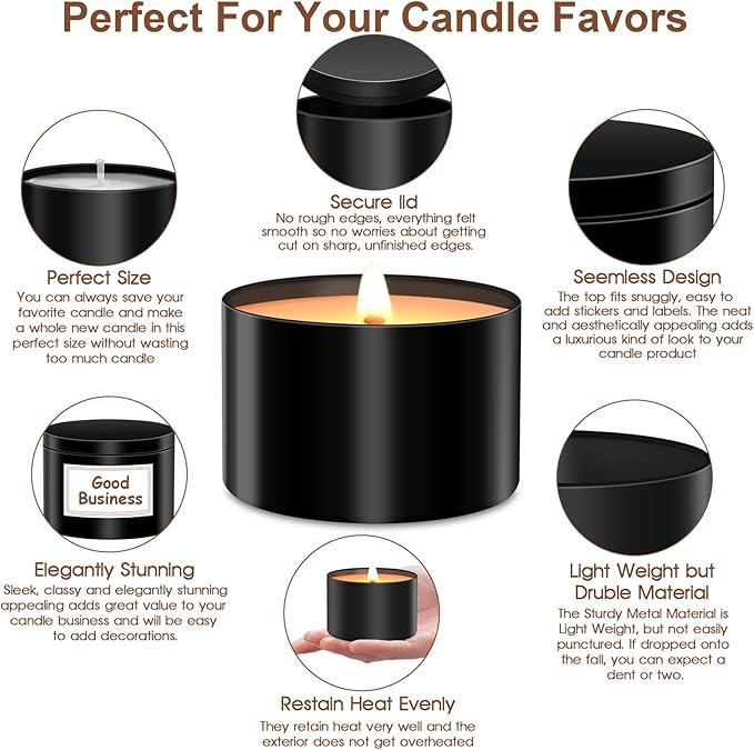 AOSWELE 48 PCS Candle Jars Bulk, 24 PCS 4 OZ & 24 PCS 8 OZ, Premium Empty Matte Black Candle Tins with Lids, Container Tin Can for Making Candles, DIY Vessel Candle Making Supplies Kit (Black)