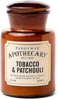 Paddywax Artisan Apothecary Scented Candle with Lid in Reusable Glass Jar, Clean-Burn Soy Candle with Approx. 54 Hour Burn Time, Tobacco & Patchouli, 8 oz.