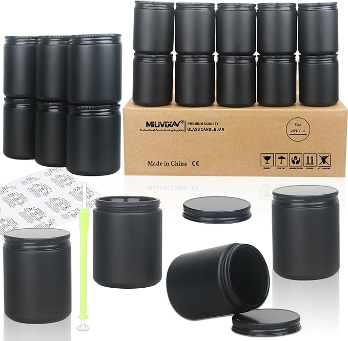 MILIVIXAY 20 Pack 8 OZ Thick Glass Matte Black Candle Jars with All Black Metal Lids-Bulk Empty Candle Jars for Making Candles-Canning Jar for Spice, Liquid, Sample- Dishwasher Safe.