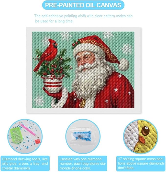 Diamond Painting Kits for Adults - Santa Claus & Red Bird Reindeer Christmas Berry Pine Cone Painting DIY 5D Full Drill Diamond Dots Paintings with Diamonds Gem Art And Crafts Home Decor 12"x16"
