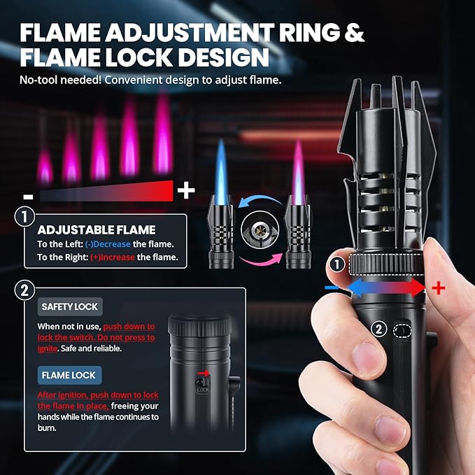 Windproof Torch Lighter, Long Camping Lighter Refillable Butane Gas - 4 in 1 Extendable Lightsaber Lighter with Safety Lock/Jet Flame Cool Lighters for Fireplace Campfires Outdoor Tool for Men