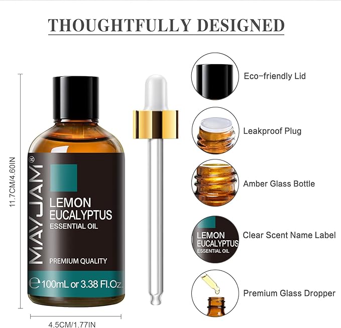 Lemon Eucalyptus Essential Oil, MAYJAM 3.38FL.OZ/100ML Large Volume Lemon Eucalyptus Oil with Premium Glass Dropper, Perfect for Soaps, Candles, Diffuser