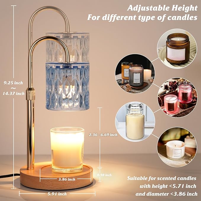 HAIDOLIANG Candle Warmer Lamp with Timer and Dimmer, Height and Brightness Adjustable,Glass Electric Wax Warmer with 2 Bulbs for Women Mom Gifts, Home Decor for Scented Jar Candles (Blue)