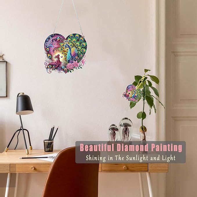 Masendp Peacock Diamond Painting Double-Sided Hanging Ornament Set, DIY Irregular Shaped Rhinestone Window Decoration Set, Suitable for Home and Garden Wall Decoration Gifts