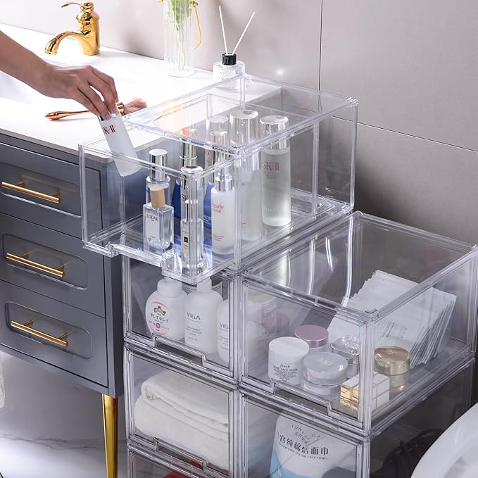 3 Packs Large Plastic Stackable Storage Drawers, DILIBRA Clear Storage Bins Organizer with Pull Out Drawers, Snacks Storage Organizer for Kitchen Cabinet Closet Shelf Pantry Organizers and Storage
