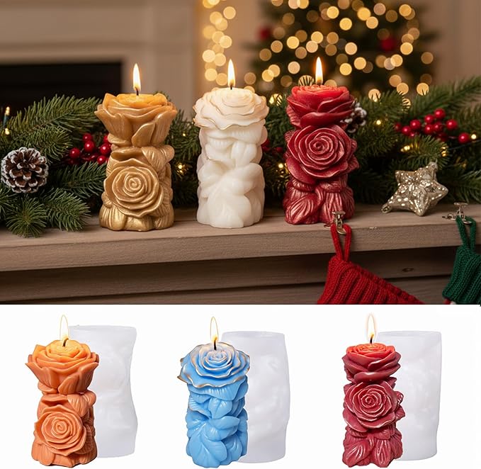 3 PCS Rose Pillar Candle Molds Silicone, 3D Flower Shape for Epoxy Resin, Concrete, Wax - DIY Craft Making Kit for Unique Wedding Gift, Home Decor, Valentine's Day