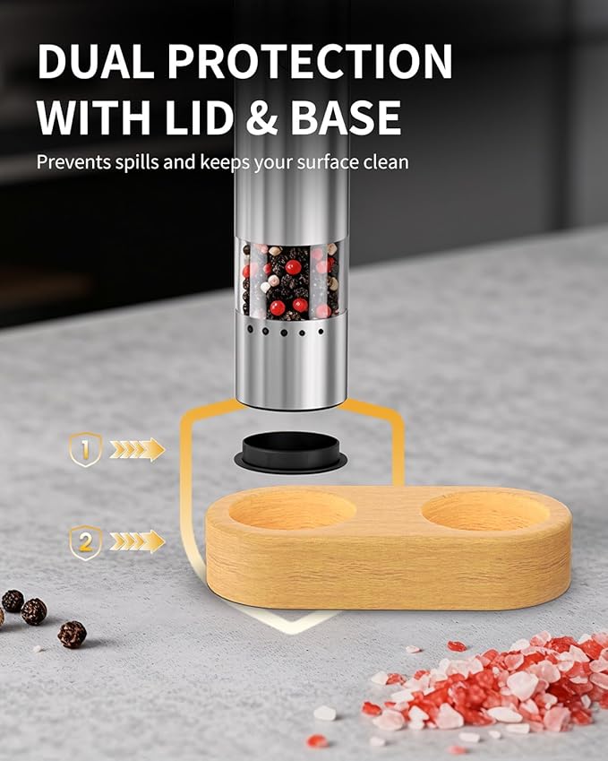 CIRCLE JOY Mini Rechargeable Salt and Pepper Grinder Set with Wooden Base, Dust Cover and External Adjustment, Stainless Steel Electric Pepper Mill Grinders for Kitchen, Outdoors and Travel, Silver