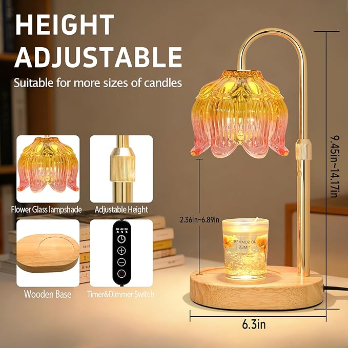 Flower Candle Warmer Lamp for Jar Candles with Timer & Dimmer, Adjustable Height Fits Large Jars up to 7.08" Tall, Flameless Wax Warmer, Cozy Bedroom Home Decor, Gift for Mom Women,Light Pink