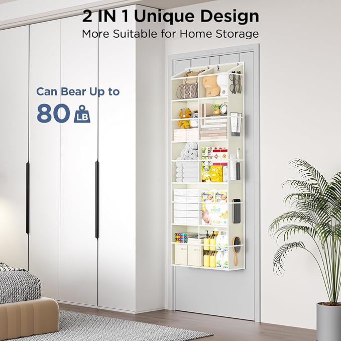 5-Tier Over The Door Organizer with 10 Side Mesh Pockets & Clear Windows, 80 lbs Weight Capacity Hanging Storage for Bathroom, Bedroom, Nursery, Kitchen, Organize Shoes, Diapers(Clear Beige)