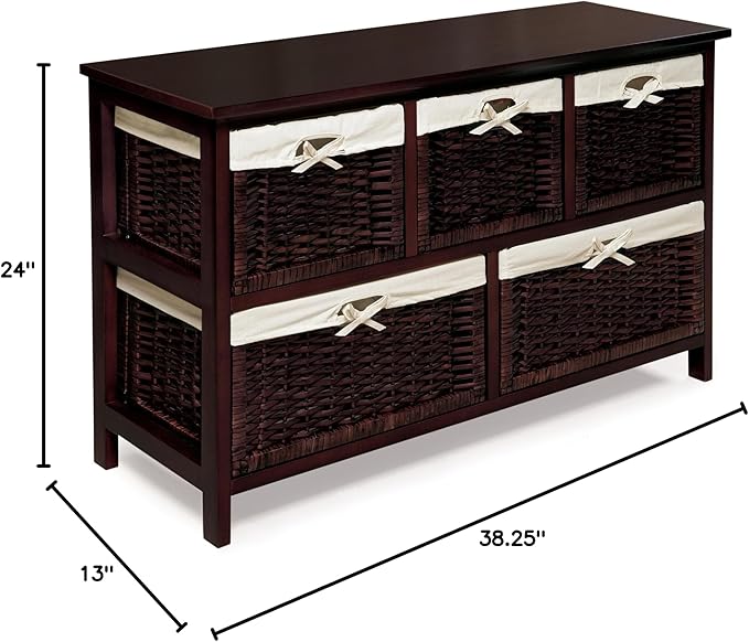 Badger Basket Five-Basket Storage Unit with Wicker Baskets and Washable Liners, Organizer for Toys, Clothes, and Household Items, Sturdy Wooden Frame - Espresso Finish