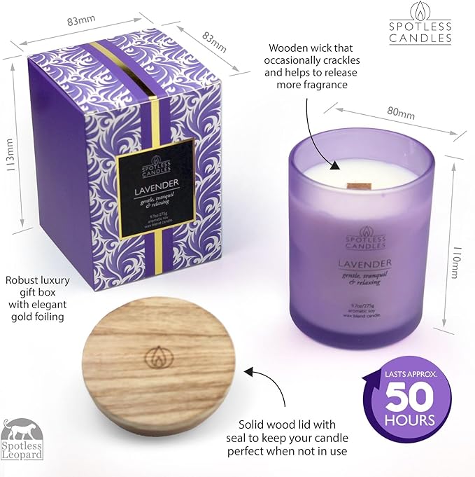 Lavender Candle 9.7 oz: 55 Hrs Burn Time - Lavender Scented Candles in Frosted Glass Jar with Wooden Crackling Wick in a Luxurious Gold Foil Lined Gift Box