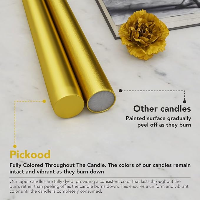 12-Inch Tall Dripless Taper Candles Set of 4 - Gold Tapered Candles, Perfect for Wedding,Christmas - Smokeless, Unscented, Long Burning - Hand Poured, Colored Tall Candlesticks - doradas