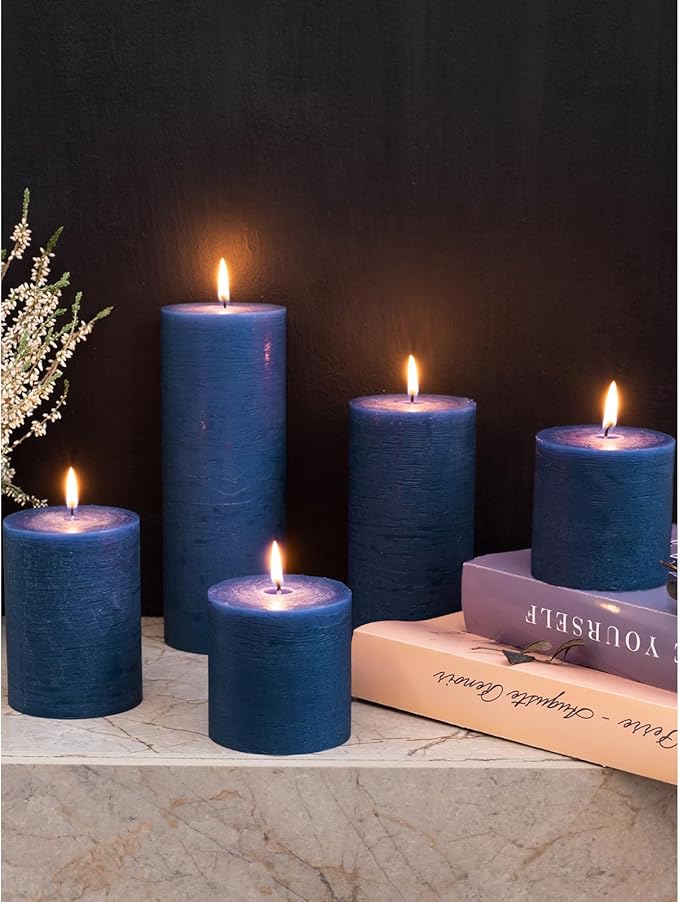 CANDWAX 3x4 inch Pillar Candles Set of 3 – Unscented Dripless Rustic Dark Blue Candles for Room Decor, Weddings, Centerpieces