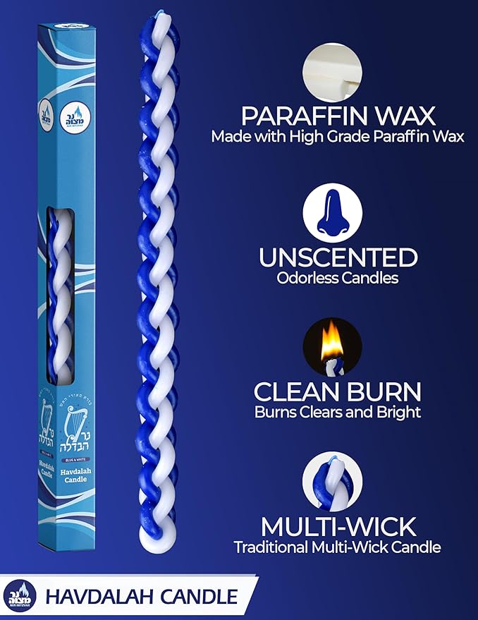 Ner Mitzvah Braided Havdalah Candle - Round Blue and White Paraffin Wax - Handcrafted Havdallah Candle - Shabbat Judaica Gift