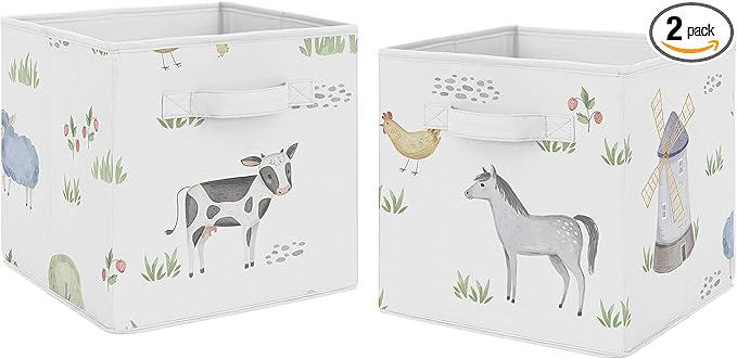 Sweet Jojo Designs Farm Animals Foldable Fabric Storage Cube Bins Boxes Organizer Toys Kids Baby Childrens - Set of 2 - Watercolor Farmhouse Horse Cow Sheep Pig