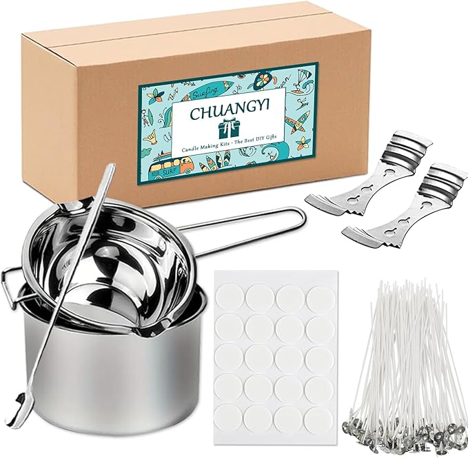 DIY Candle Making Kit for Adults Beginners for Melting Chocolate, Soap, Wax, Includes Double Boiler Pot Set, Candle Wicks, Wick Stickers, Wick Holders, Spoon
