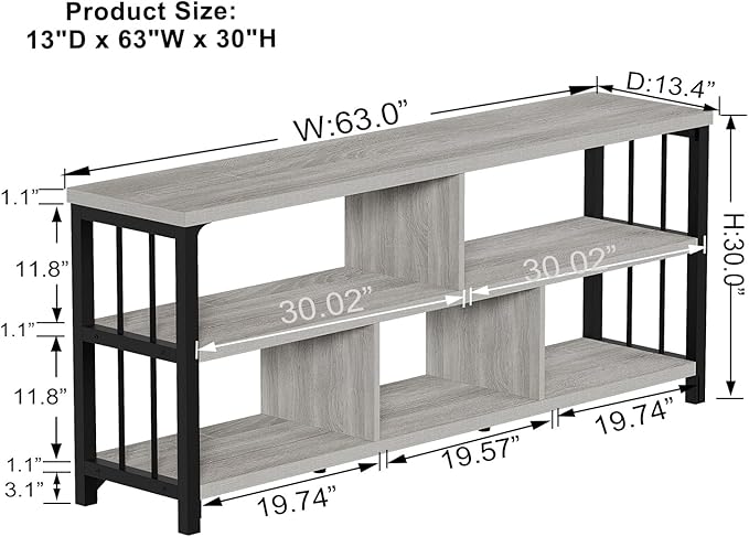 IBF Grey Bookshelf, Industrial 63” Long Open Book Shelf, Wide 5 Cube Gray Horizontal Bookcase for Home Bedroom, 3 Tier Wood Metal Low Cubby Storage Organizer Shelf for Living Room, Light Grey Oak