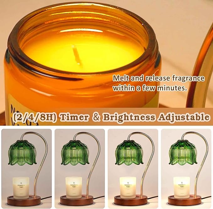Funistree Green Candle Warmer Lamp with Timer, Christmas Gifts, Dimmable Flower Candle Lamp Warmer, Vintage Birthday Gifts for Women, Mom, Female Friend, Aromatic Candle Light for Yankee Candles