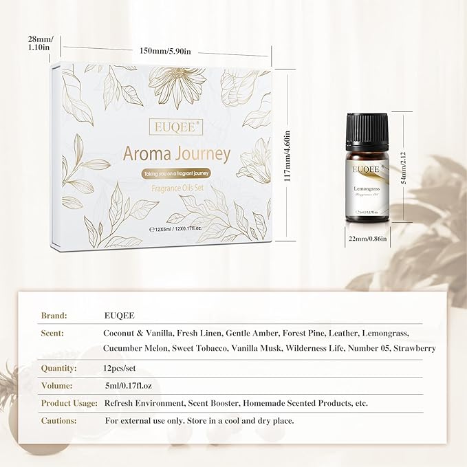 EUQEE 12pcs Fragrance Oils Gift Set, Premium Essential Oils Set for Diffuser, Candle, Soap Making, Travel, with Amber, Coconut&Vanilla, Fresh Linen, Leather, Forest Pine, Gift Set for Women and Men