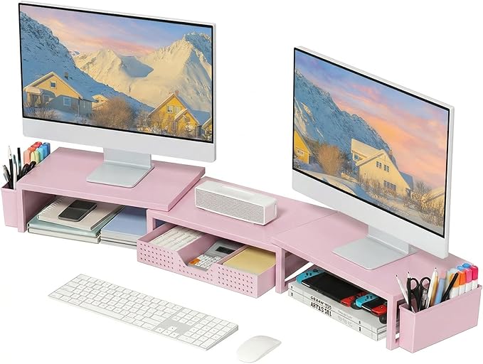 OPNICE Desk Organizers and Accessories, Dual Monitor Stand Riser with Drawer and 2 Pen Holders, Desk Shelf Metal Computer Racks for Office Workspace Organizers, Desktop Organization (Pink Metal)