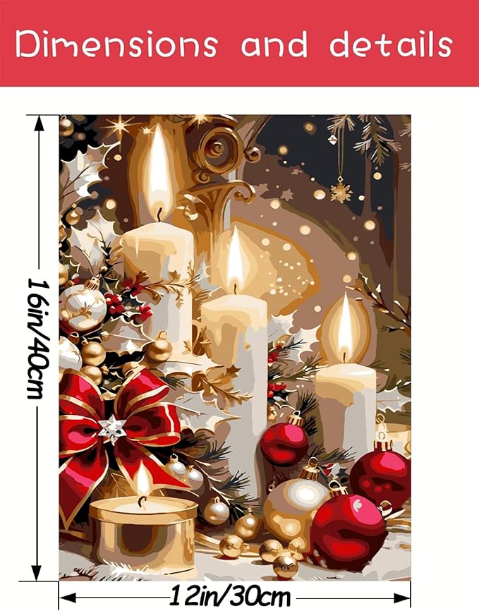 AREOPNMG Christmas Candles Paint by Numbers Kit for Adults Beginner DIY Winter Painting by Numbers Kits,with 3 Brushes and Acrylic Paint(Without Frame), Home Wall Decor 12 x 16 in
