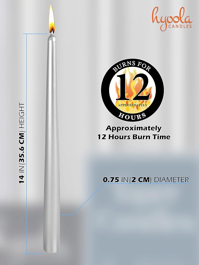 Hyoola 12 Pack Tall Metallic Taper Candles - 14 Inch Silver Metallic, Dripless, Unscented Dinner Candle - Paraffin Wax with Cotton Wicks