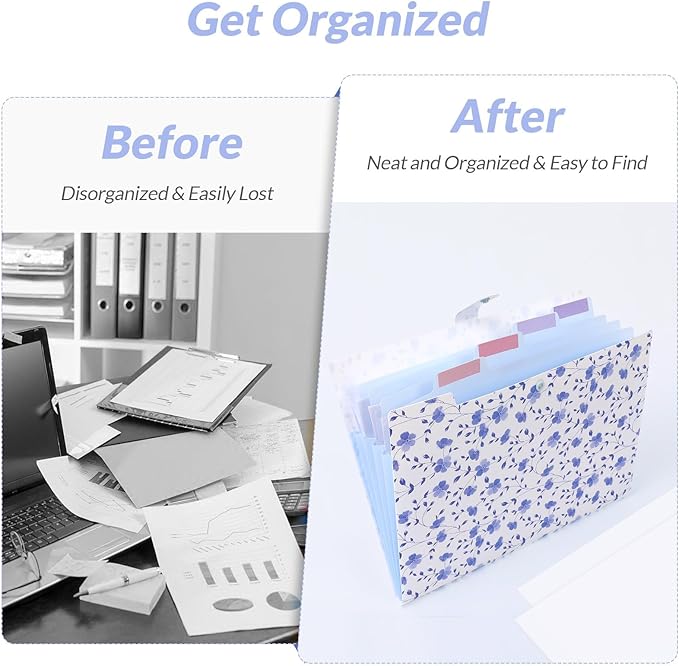 SKYDUE Expanding File Folder with 5 Pockets, Floral Accordion File Organizer for Important Document, Portable Receipt Paper Organizer, School Office Supplies,Blue
