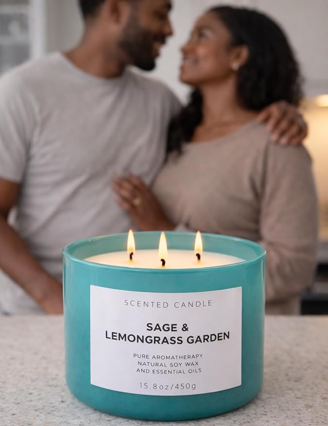 Sage Lemongrass Garden Scented Candle | 3 Wick Large Soy Candles for Home 15.8oz | Fresh Clean Herbal Citrus Candle | Long Lasting Clean Burn | Aromatherapy Stress Relief Gift for Women & Men