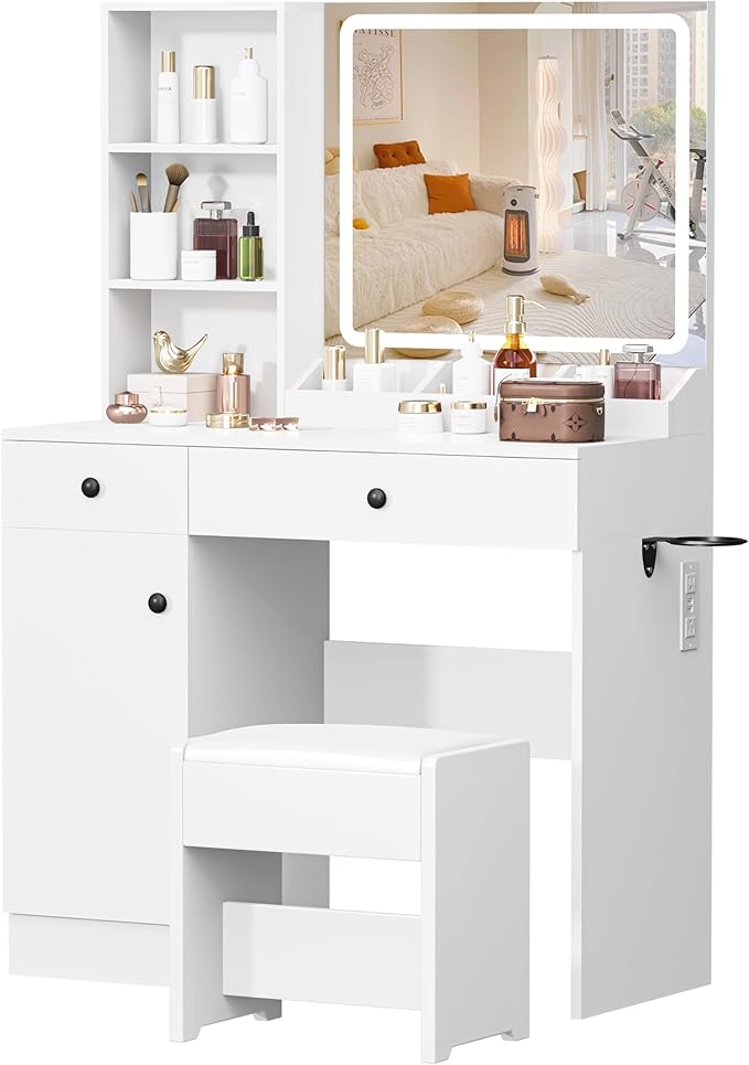 YIKEHOME Small Makeup Vanity Desk Set with Mirror, 39'' Vanity Table 3-Colour Lights with 5 Drawers & Shelves for Bedroom Dressing Room Brown