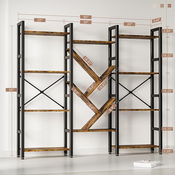 Triple 4 Tier Book Shelf, Large Industrial Bookcase with Storage Cabinet, Tall Bookshelf with Open Display Shelves Furniture for Living Room Bedroom Home Office Rustic Brown