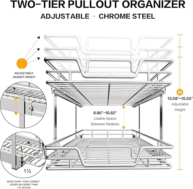 2-Tier Kitchen Cabinet Pull Out Shelf and Drawer Organizer Slide Out Pantry Storaqe Basket in Multiple Sizes (15" W x 21" D)