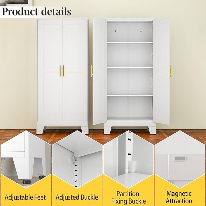 White Metal Storage Cabinet, 61" Steel Cabinets for Home Office, Kitchen Pantry Storage Cabinet with Doors and 3 Adjustable Shelves, Tool Cabinet, for Office, Home, Garage, School