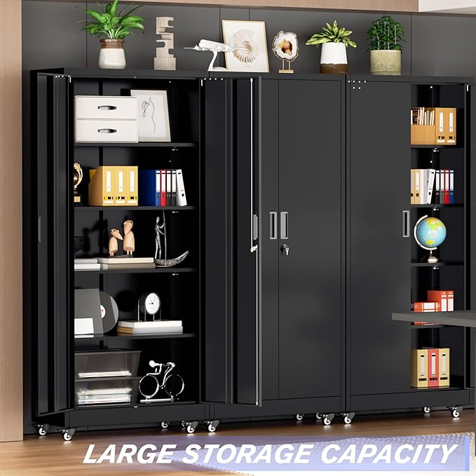 Superday 73" Metal Storage Cabinet with Wheels, Lockable Steel Utility Cabinet with 2 Doors and 4 Adjustable Shelves, Rolling Storage Cabinets for Garage, Home Office, Kitchen Pantry, Black