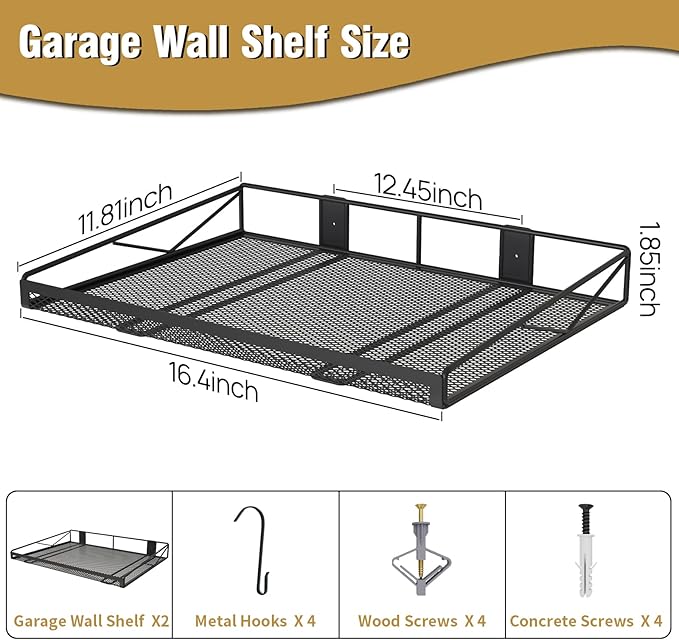 2 Pack Garage Wall Shelf, Garage Wall Mounted Shelving, Heavy Duty Floating Shelves With 4 Hooks, Loads 90 LBS Black Wall Shelves Mesh Storage Rack for Office, Basement, Wall Cabinet and Kitchen