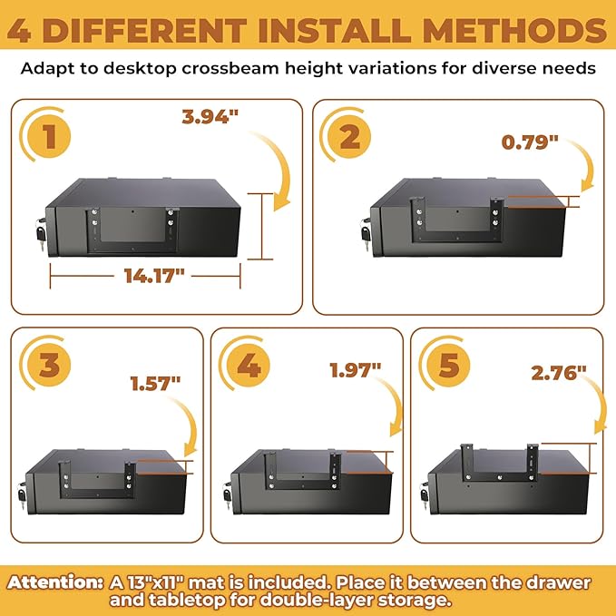 POPMOON 14 in Deep Under Desk Drawer,Pull Out Storage Organizer with Lock and Keys,Adjustable Height, Metal Storage Drawer with Slide Extension Mounted Under Flat Wooden Table or Workbench