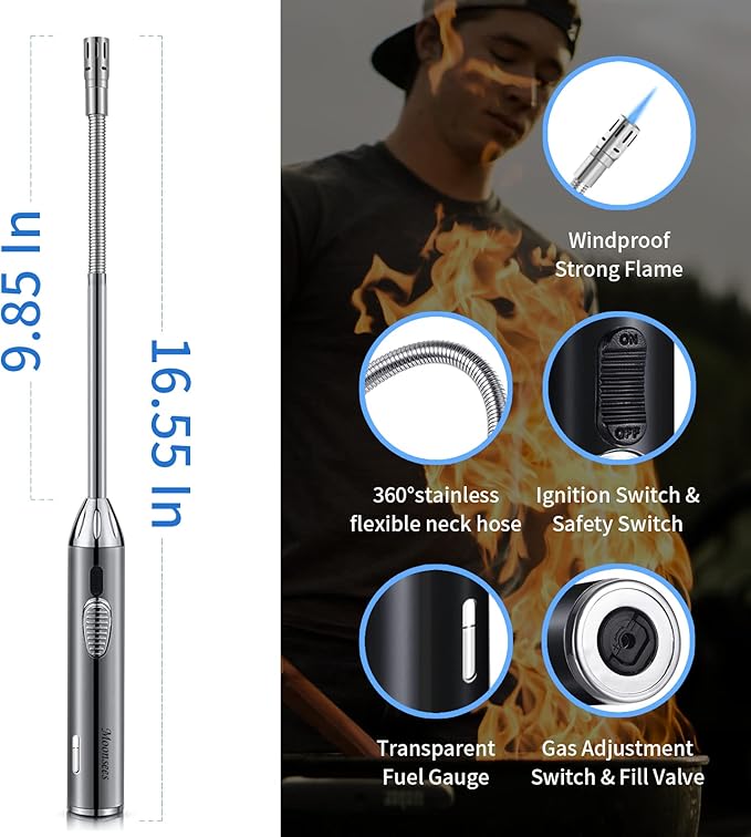 Long Grill Lighter,Refillable Butane,Windproof Flexible with Visual Fuel Window for Candles Grill BBQ Fireplaces Kitchen Camping 2 Pack (Butane Gas Not Included)