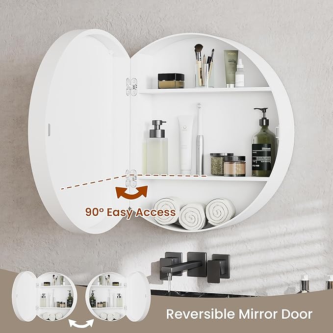 SUNWAVE 20 Inch Round Black Medicine Cabinet with Mirror, Modern Wall Mounted Vanity Cabinet for Bathroom, Circle Bathroom Mirror with Storage, Space-Saving Wood Cabinet (White, 20 Inch)