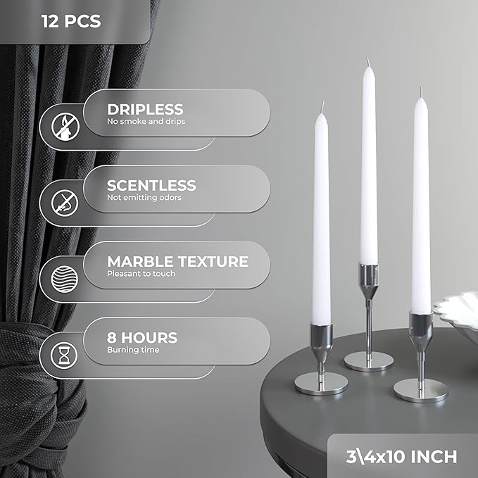 CANDWAX 10 inch White Taper Candles - Set of 12 White Candle Sticks Ideal for Christmas Decorations - Unscented Dripless Smokeless Long Burning Candlesticks - Christmas Candlesticks